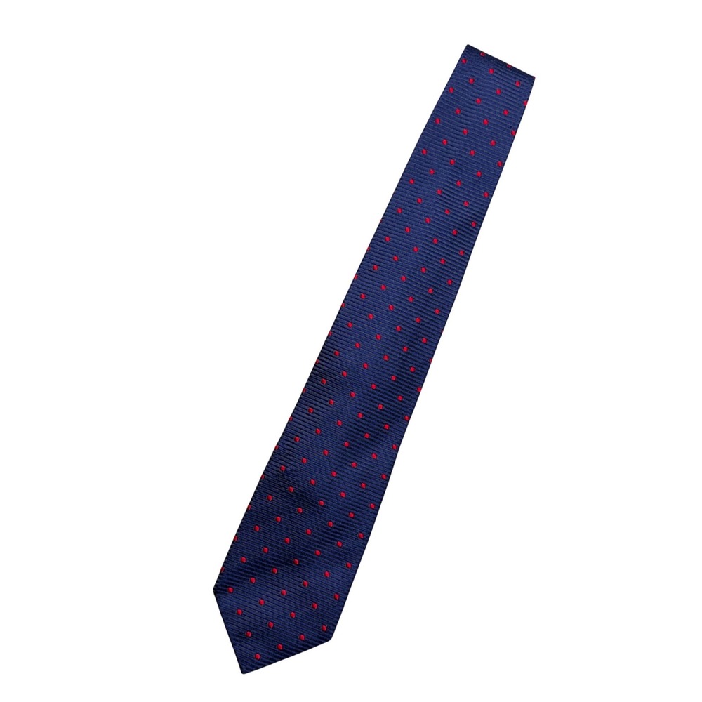 Villa Ponti Silk Tie Mens Navy Blue Red Polka Dot Ribbed Made in Italy Necktie